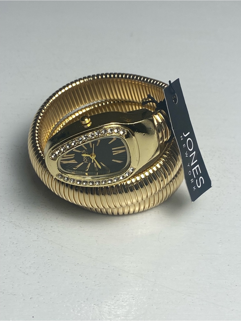 New Jones New York Gold-Tone Coil Bracelet Watch with Black Dial Crystal Accents